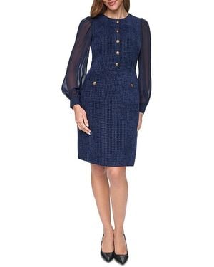Eliza J Tweed Jewel Neck Contrast Sleeve Sheath Dress - Blue