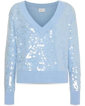 MILLY Ilaria Sequin V Neck Sweater - Blue