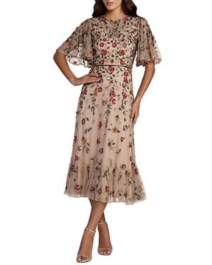 Mac Duggal Floral Embellished Flutter Sleeve Midi Dress - Brown