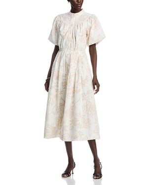 Tahari Short Puff Sleeve Button Down Printed Eyelet Midi Dress - Natural