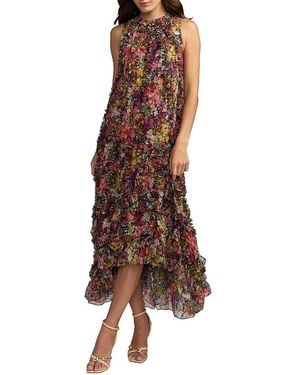 Mac Duggal Sleeveless Floral Print Chiffon Micro Ruffle Gown - Brown