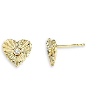 Zoe Lev 14K Diamond Pleated Heart Stud Earrings - Metallic