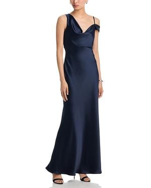Aqua Long Satin One Shoulder Gown - Blue