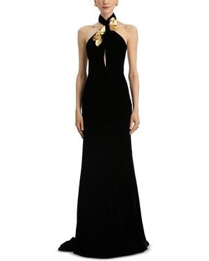 Oscar de la Renta Halter Neck Velvet Gown With Leaf Embroidery - Black