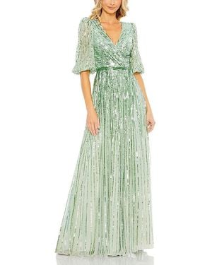 Mac Duggal Sequined Wrap Over 3/4 Sleeve Gown - Green