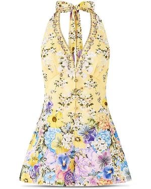 CAMILLA Linen Button Front Halter Playsuit - White