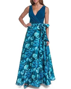 Eliza J Crossover Neck Tie Waist Mixed Media Gown - Blue