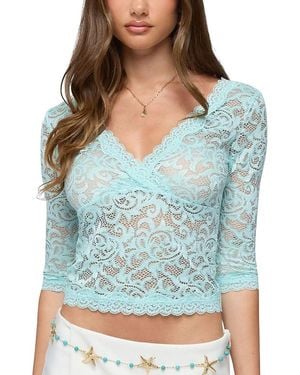 Edikted Elowin Sheer Lace V Neck Top - Blue