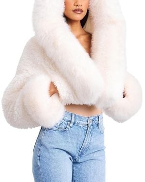 Miss Circle Kali Cropped Faux Fur Jacket With Hood - White