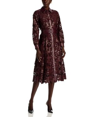 Tahari Chayenne Faux Leather Lace Midi Dress - Purple