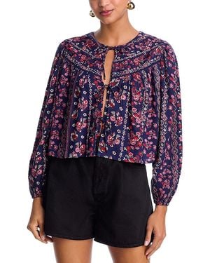 Aqua Paisley Tie Front Long Sleeve Top - Blue
