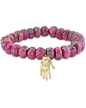 Sydney Evan 14K Diamond & Moonstone Protective Eye Hand Charm Beaded Bracelet - Pink
