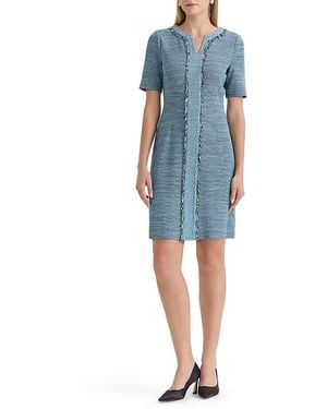 Ming Wang Tweed Knit Fringe Accent Sheath Dress - Blue