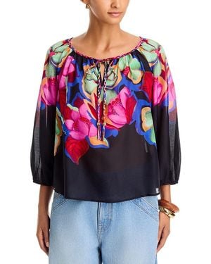 Johnny Was Monaco Tie Neck Cotton And Silk Peasant Blouse - Red