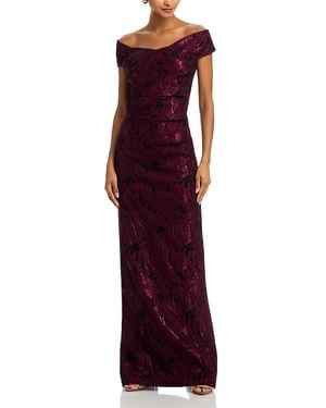 Teri Jon Floral Stretch Jacquard Off-The-Shoulder Ruched Gown - Purple