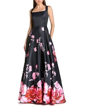 Mac Duggal Printed Satin Sleeveless Square Neck Ballgown - White