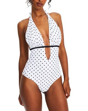 Miss Circle Polka Dot Ruched Halter Backless Swimsuit - White