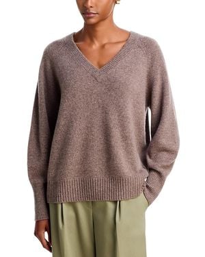 C by Bloomingdale's Cashmere V Neck Raglan Balloon Sleeve Sweater - Brown
