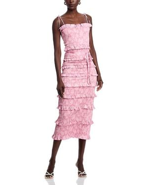 V. Chapman Lily Smocked Floral Print Ruffle Trim Midi Dress - Pink