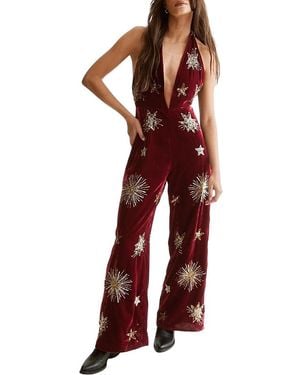 Nasty Gal Star Embellished Velvet Halter Jumpsuit - Red