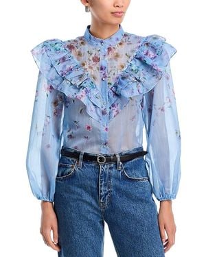 Aqua Placed Floral Ruffled Long Sleeve Blouse - Blue