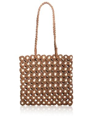 Aqua Imitation Pearl & Crochet Straw Tote - Brown