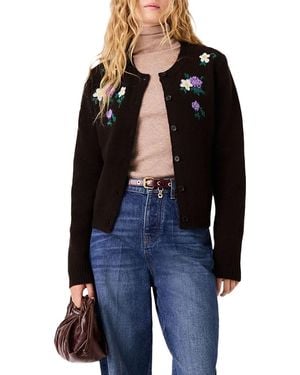Maje Wool Blend Floral Embroidered Cardigan Sweater - Blue