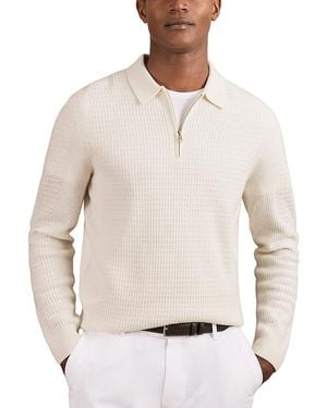 Reiss Hamilton Long Sleeved Half Zip Square Textured Wool Polo Shirt - White