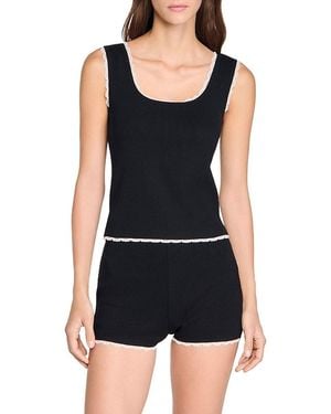 Sandro Bead Embroidered Ribbed Top - Black