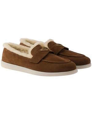 Prada Suede And Shearling Loafers - Brown