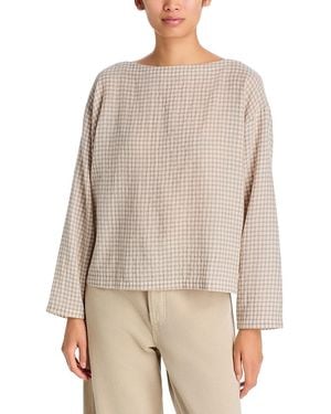 Eileen Fisher Wool Cotton Check Bateau Neck Boxy Top - Natural