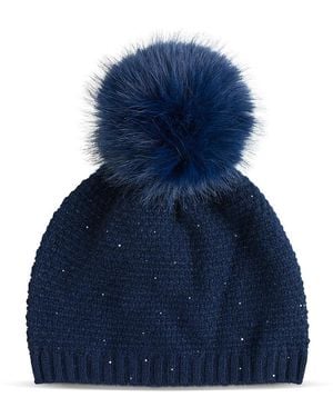 Sofiacashmere Lurex Wave & Pom Pom Knit Hat - Blue