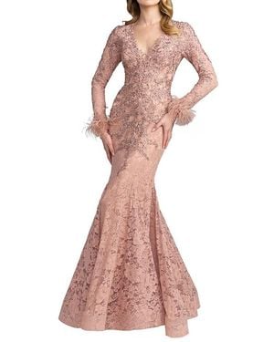 Mac Duggal Long Sleeve Embellished Mermaid Gown - Pink
