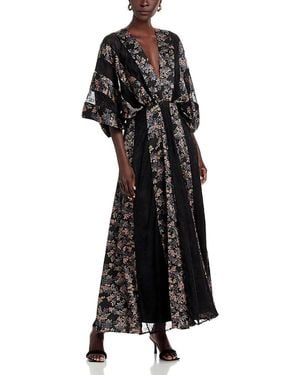 Koko + Mason Printed Kimono Sleeve Lace Detail Maxi Dress - Black