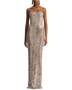 Oscar de la Renta Strapless Wave Embroidered Tulle Gown - Brown