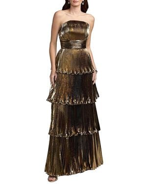 Mac Duggal Strapless Pleated Metallic Layered High Low Gown - Multicolor