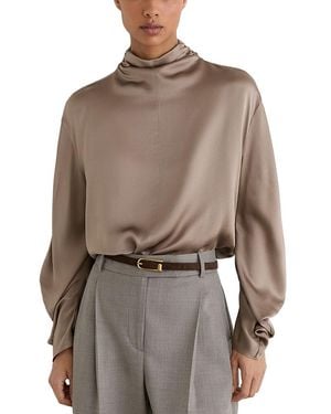 Reiss Meena High Neck Long Sleeve Silk Top - Brown