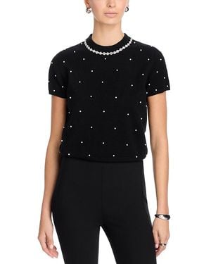 Aqua Faux Pearl Embellished Short Sleeve Sweater - Black