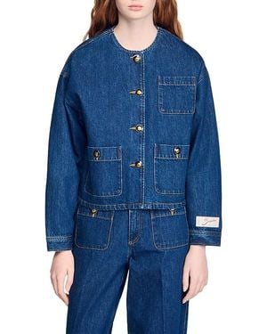 Sandro Collarless Denim Jacket - Blue