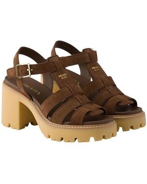 Prada High-Heeled Suede Platform Sandals - Brown