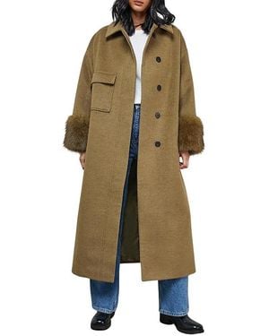 Warehouse Patch Pocket Faux Fur Cuff Maxi Coat - Natural