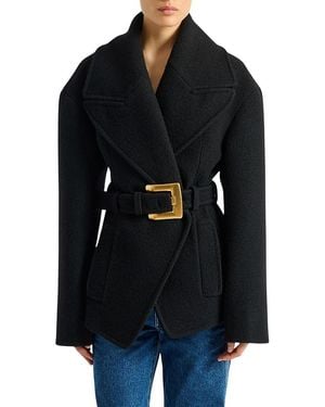Balmain Belted Wool Pea Coat - Black
