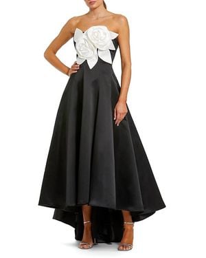 Mac Duggal Strapless Satin High Low Gown With 3D Flowers - Black