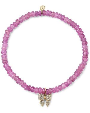 Sydney Evan 14K Sapphire Rondelle & Diamond Bow Charm Stretch Bracelet - Pink