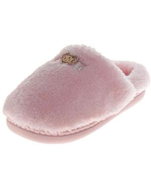 Badgley Mischka Fluffy Rhinestone Logo Accent Slippers - Pink