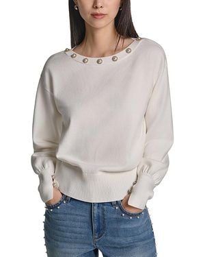KARL LAGERFELD Imitation Pearl Trim Boat Neck Sweater - Gray
