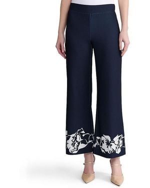 Ming Wang Stretch Deco Crepe Floral Print Wide-Leg Pants - Blue
