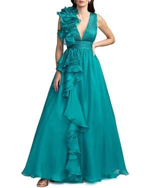 Mac Duggal Ruffle Shoulder V-Neck Chiffon Gown - Blue