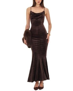 Miss Circle Veronique Croc-Embossed Velvet Cowl Neck Mermaid Maxi Dress - Brown