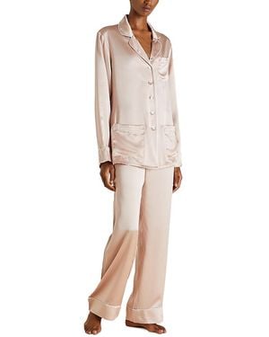 Olivia Von Halle Woven Silk Long Sleeve Pajama Set - Natural